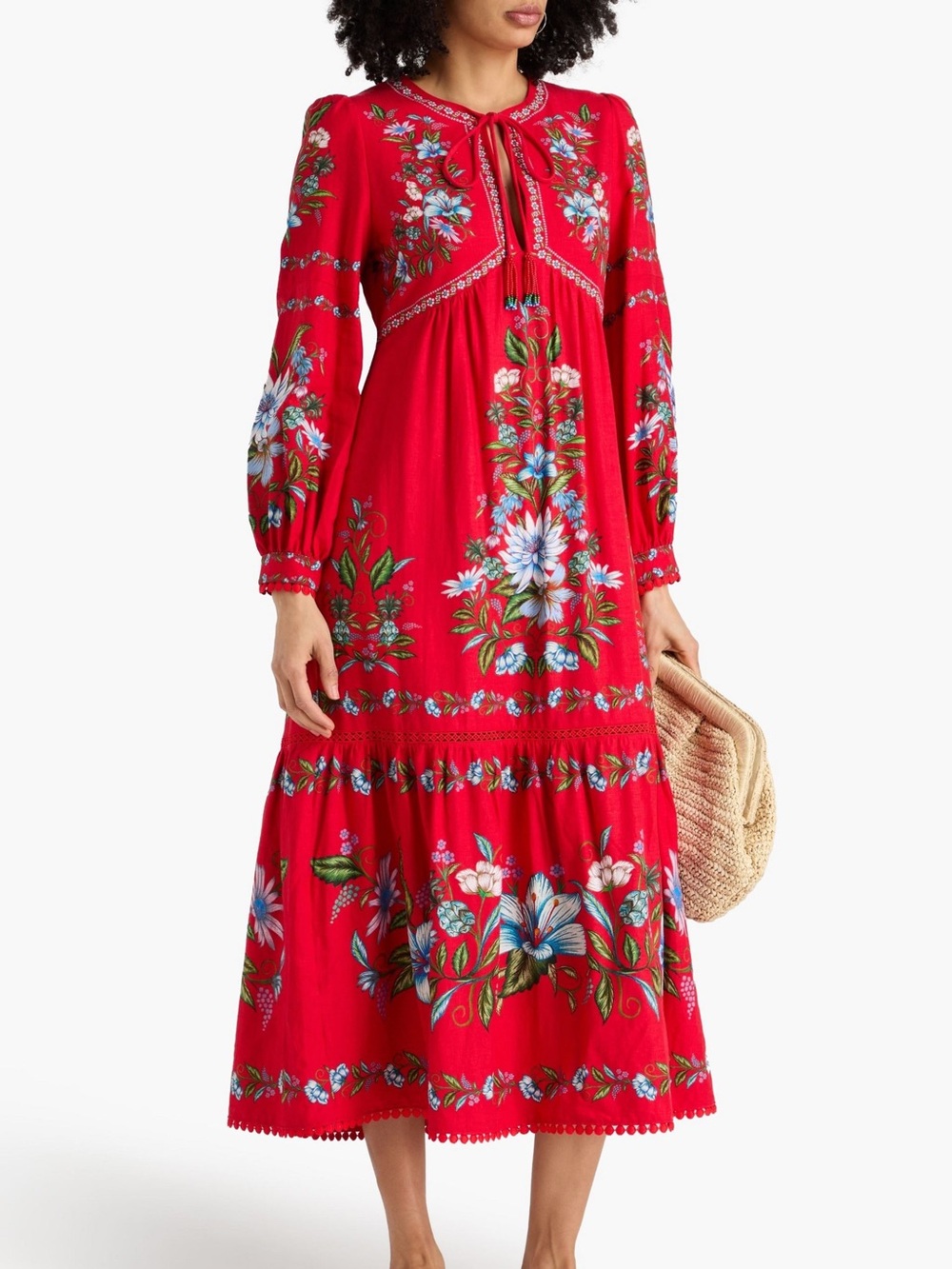FARM Rio Red Floral Tie-Front Long Sleeve Maxi Dress